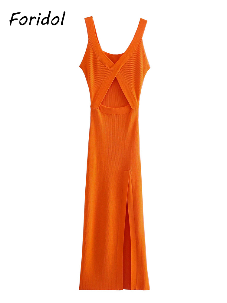 Foridol Bowknot Front Cut Out Orange Knitted Slit Dress Women Sleeveless V Neck Midi Dress Party Long Summer Autumn Dress 220511