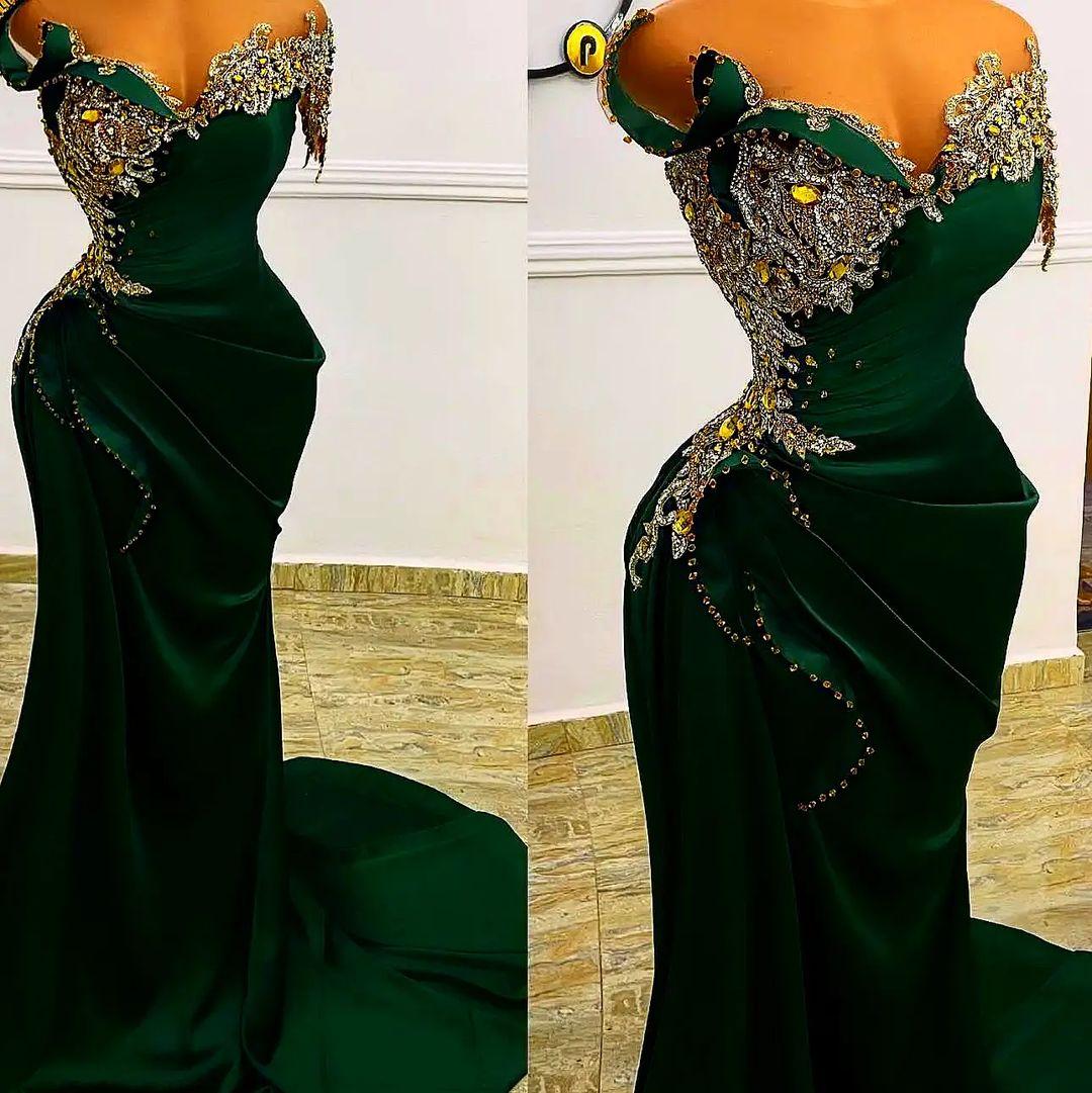 Emerald Green Mermaid Prom Dresses Crystal Off Shoulder Evening Occasion Gown Plus Size