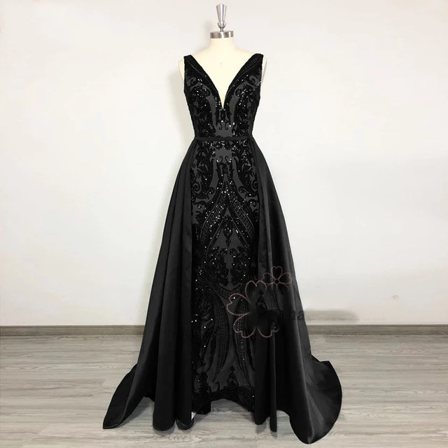 Sparkly Sequin Emerald Green Evening Dress With Detachable Train Arabic Dubai Mermaid Prom Dress 2 in 1 Plus Size V Neck Party African Women Vestidos 