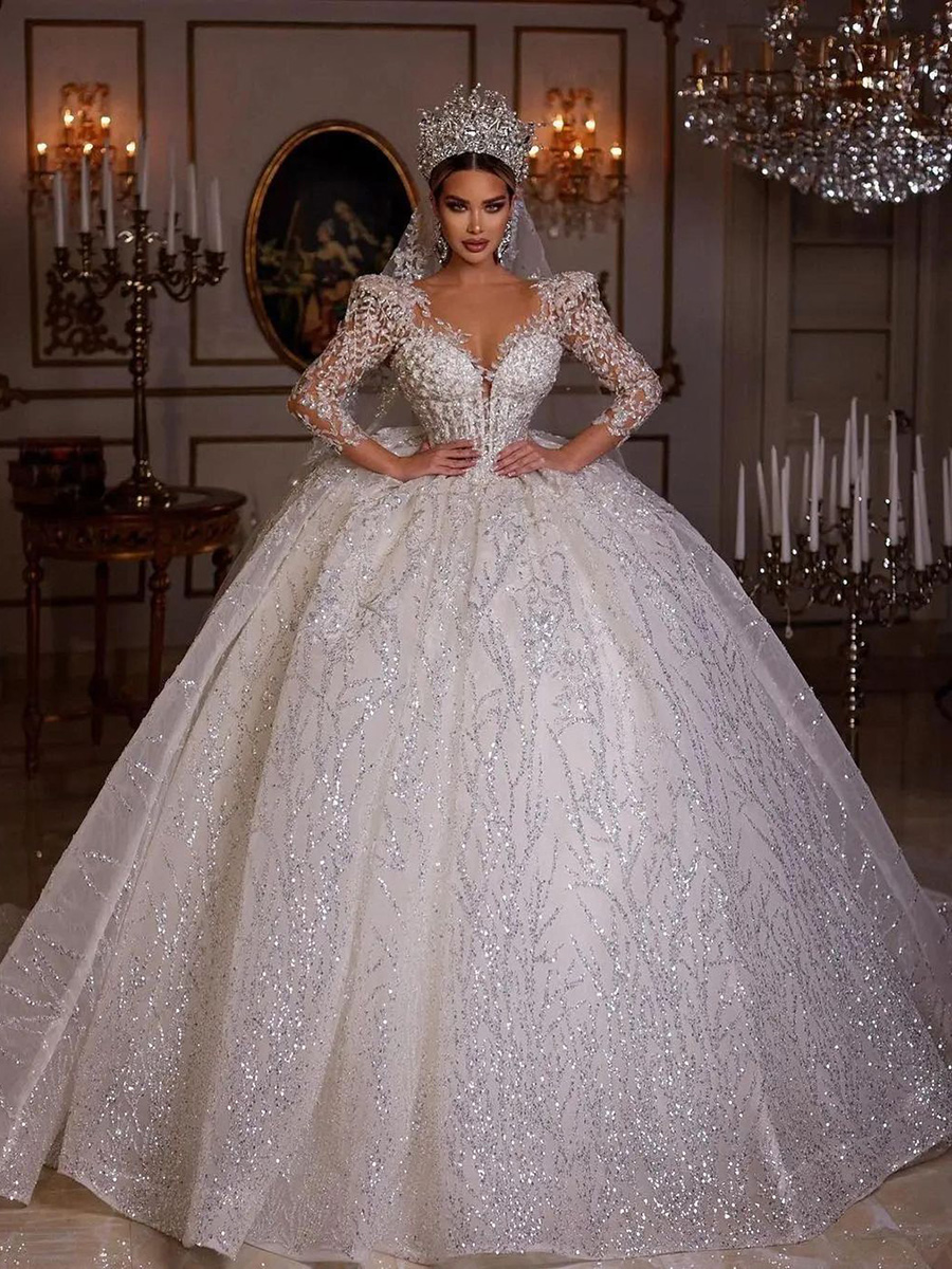 Ball Gown Wedding Dresses Appliques Sequins Beads V Neck Long Sleeves or Length Train Elegant High Waist urious Lace Ruffles Vintage Robes De Soiree