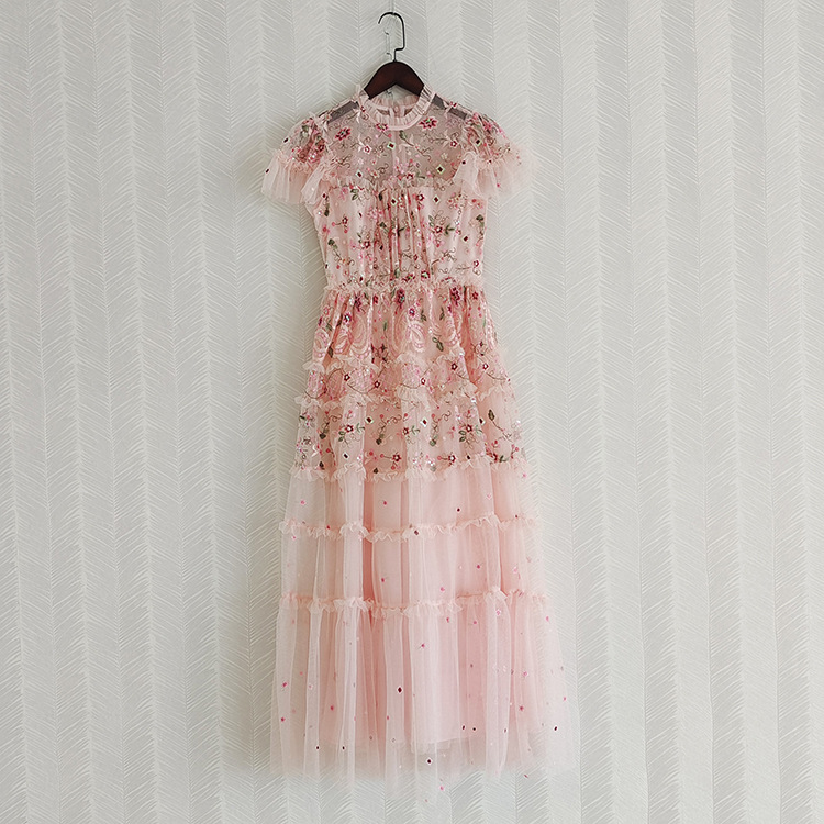 Women's Runway Dresses O Neck Short Sleeves Embroidery Ruffles Layered Printed Elegant Party Evening Prom Gown