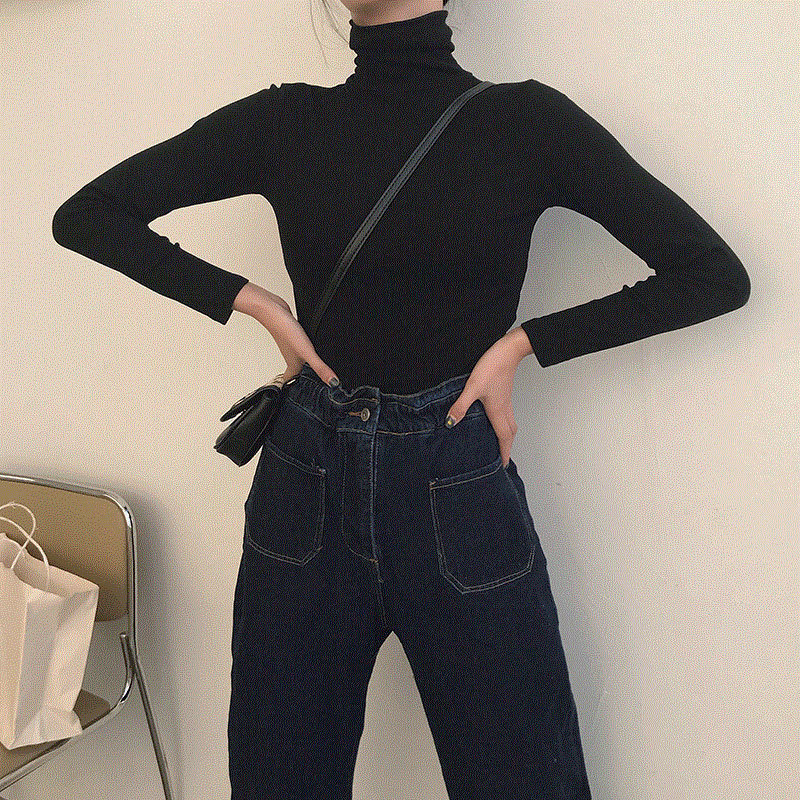 Spring Autumn Long Sleeve Top Slim Knitted Bottoming Shirt Korean Fashion Black Turtleneck Sweater Women Clothing Pullover 220810
