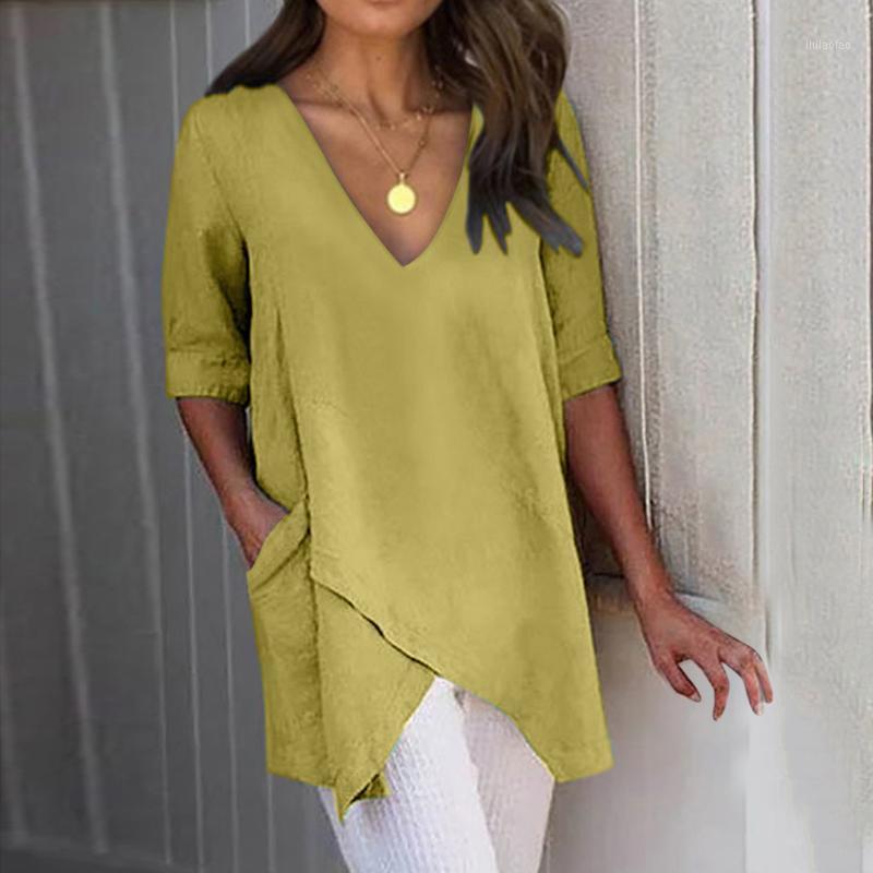 Women's Blouses & Shirts Plus Sizes V-Neck Blouse Women Casual Solid Irregular Short Sleeve Pockets Top Sexy Clothing Elegant Office Shirt, Yellow
Women's Blouses & Shirts Plus Sizes V-Neck Blouse Women Casual Solid Irregular Short Sleeve Pockets Top Sexy Clothing Elegant Office Shirt, Yellow