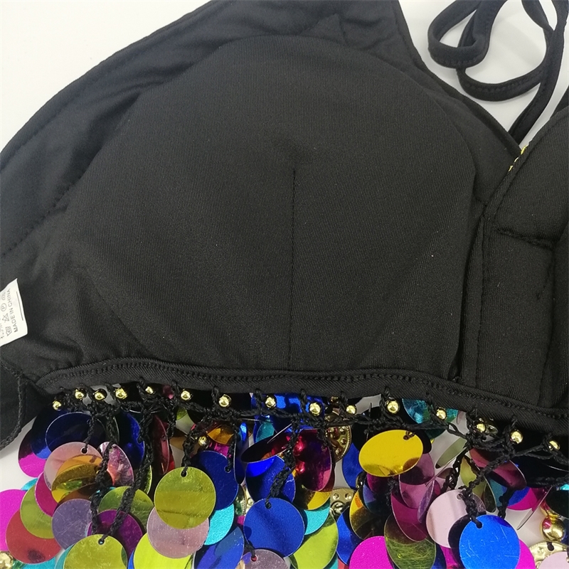 Rainbow Sequin Tassel Mermaid Mirror Festival Body Bra Bralette Crop Top Beading Coins Lace-Up Chiffon Boho Cami 220316