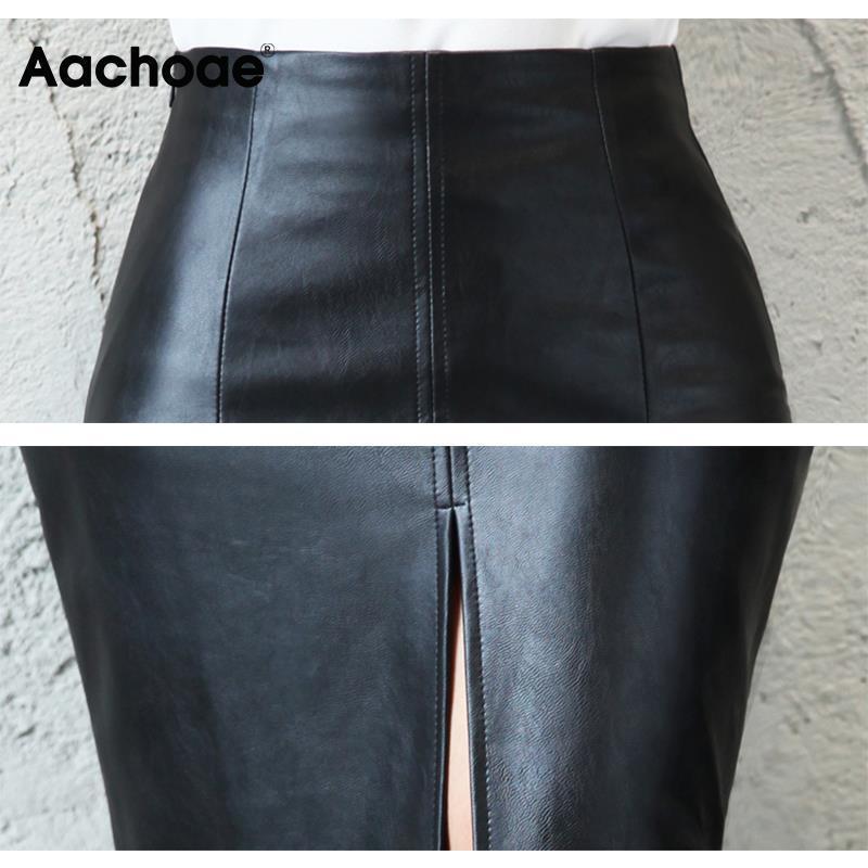 Aachoae Black PU Leather Skirt Women Midi Sexy High Waist Bodycon Split Office Pencil Knee Length Plus Size 220317