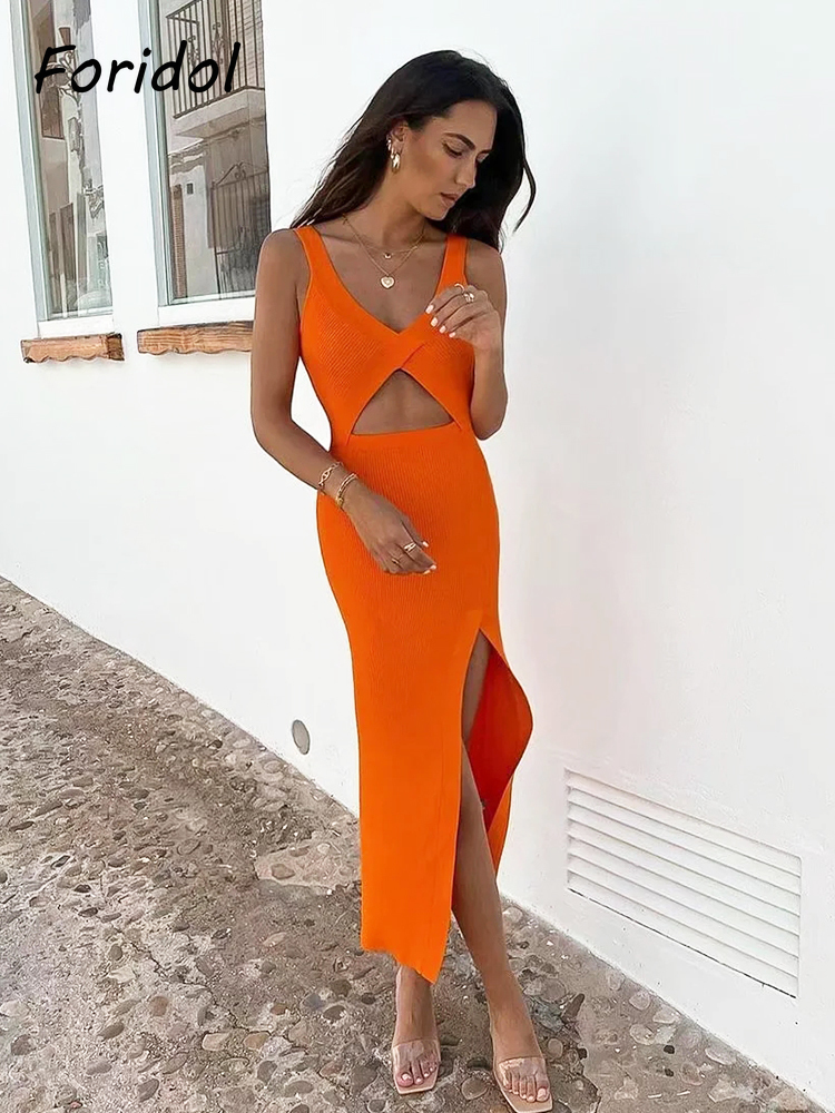Foridol Bowknot Front Cut Out Orange Knitted Slit Dress Women Sleeveless V Neck Midi Dress Party Long Summer Autumn Dress 220511