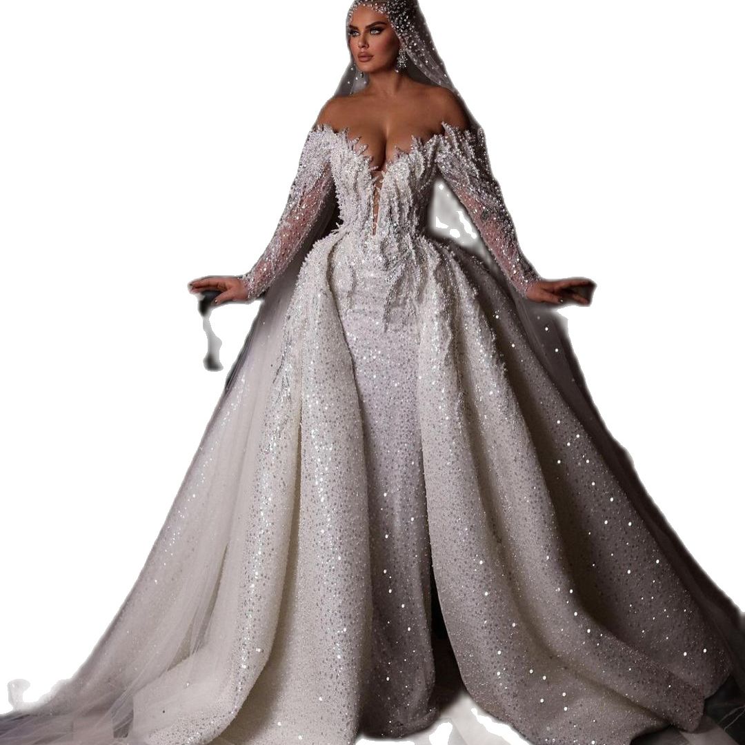 Luxury Mermaid Wedding Dresses with Detachable Train Off Shoulder Long Sleeve Crystal Beaded Sexy Bride Dress Wedding Gowns Custom Made