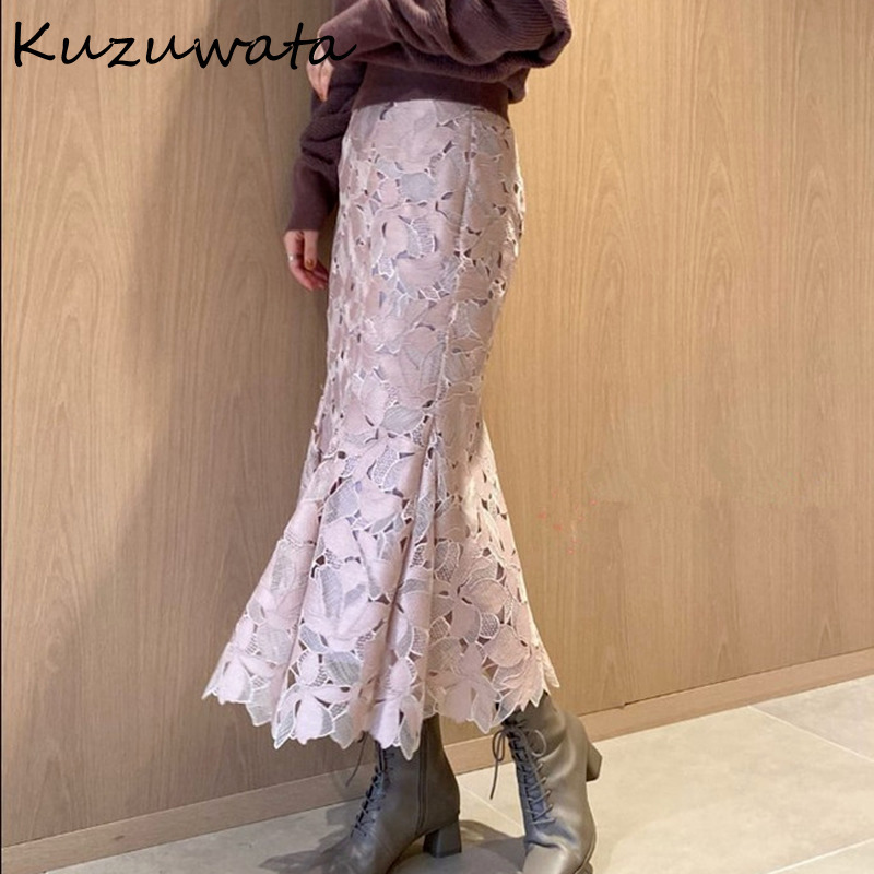 Kuzuwata Autumn Winter Women Jupes Japanese Fresh Elegant Mujer Faldas High Waist Embroidery Lace Hollow Slim Skirts 220317