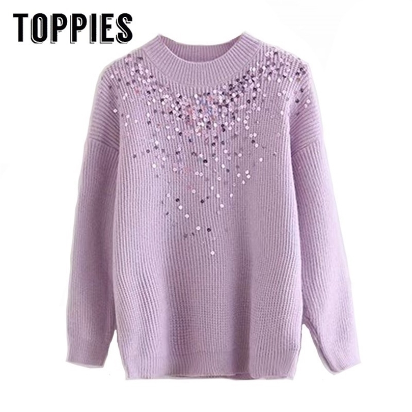Sequined Sweater Women Knitting Pullover Sweater Autumn Winter Jumpers Solid Color Korean Style Women Clothes 201201
