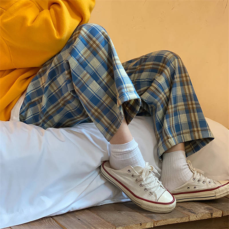 HOUZHOU Harajuku Plaid Pant Oversize Wide Leg Trousers Female Korean Style High Waist Checkered Pajama Spring Summer 220325