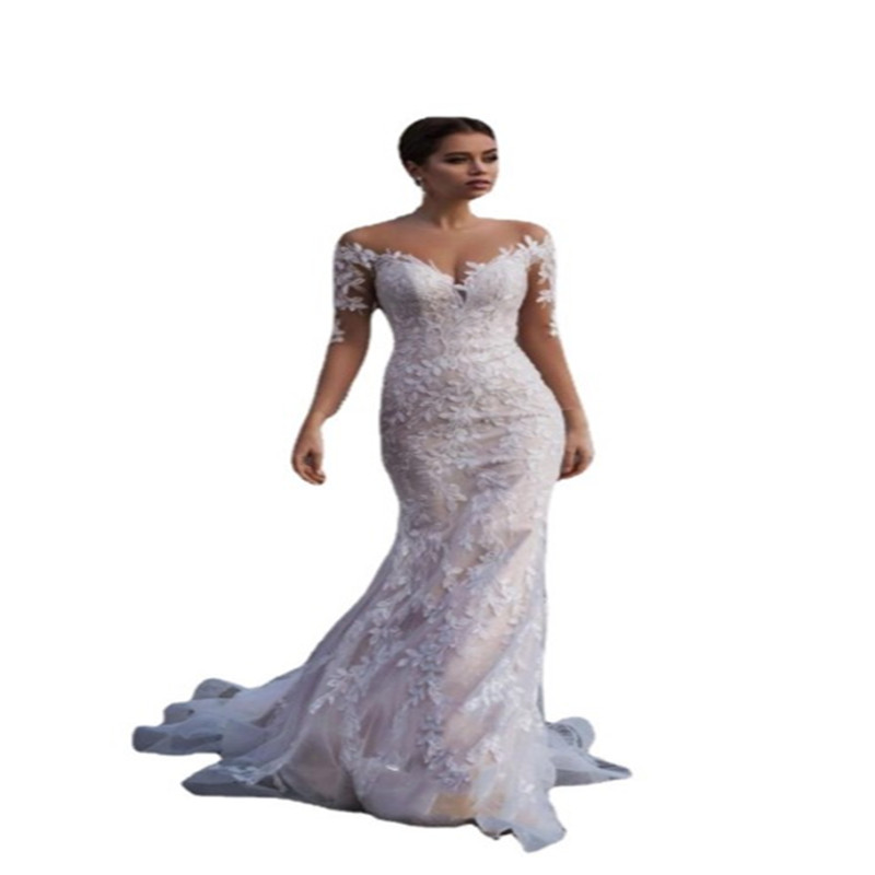 2022 Beach Lace Long Sleeves Mermaid Wedding Dresses Appliqued Sweep Train Plus Size Wedding Dress Bridal Gowns vestido de novia Brautkleider