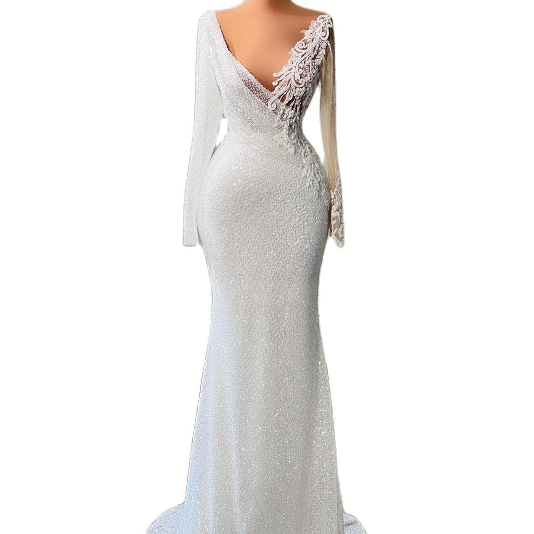 Sexy Lace Mermaid Evening Dresses Deepl V Neck Full Sleeve Party Gowns Custom Made Sequined Applique Floor Lengthl Prom Dress