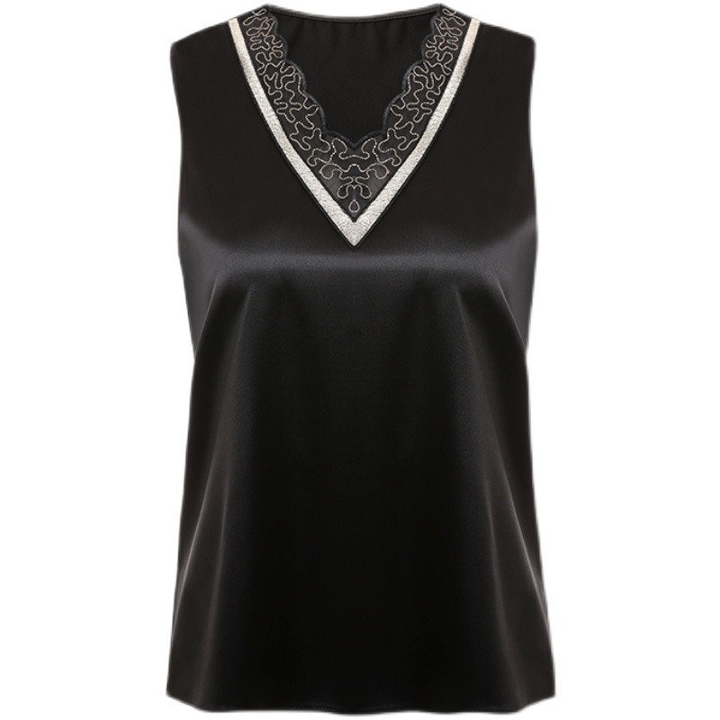 Satin Top Women V-neck Lace Female Woman Clothes Chiffon Embroidery Solid Ladies Tops for White OL Fashion Women's t-shirt 220325