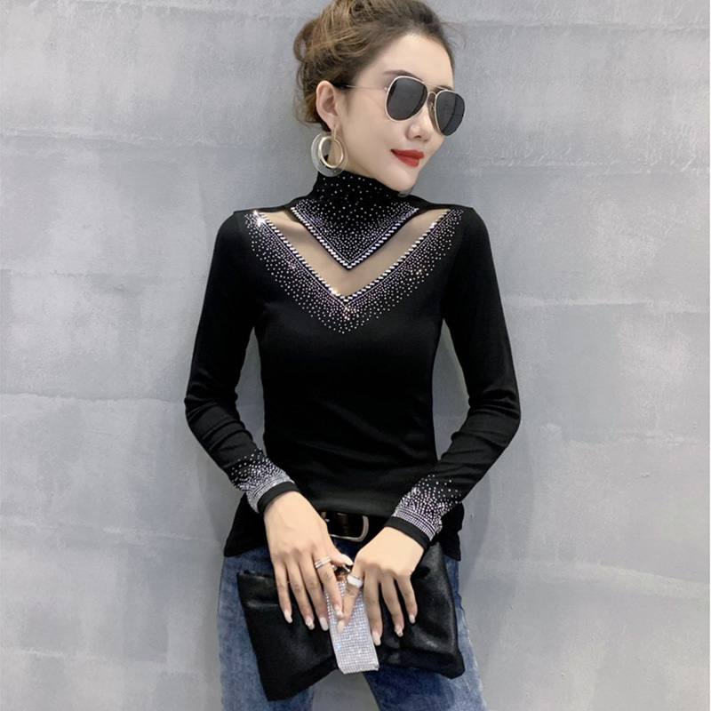 Spring Autumn Long Sleeve T-Shirt Fashion Casual Turtleneck Diamond Woman tshirts Elegant Slim Women's Tops Blusas 220411