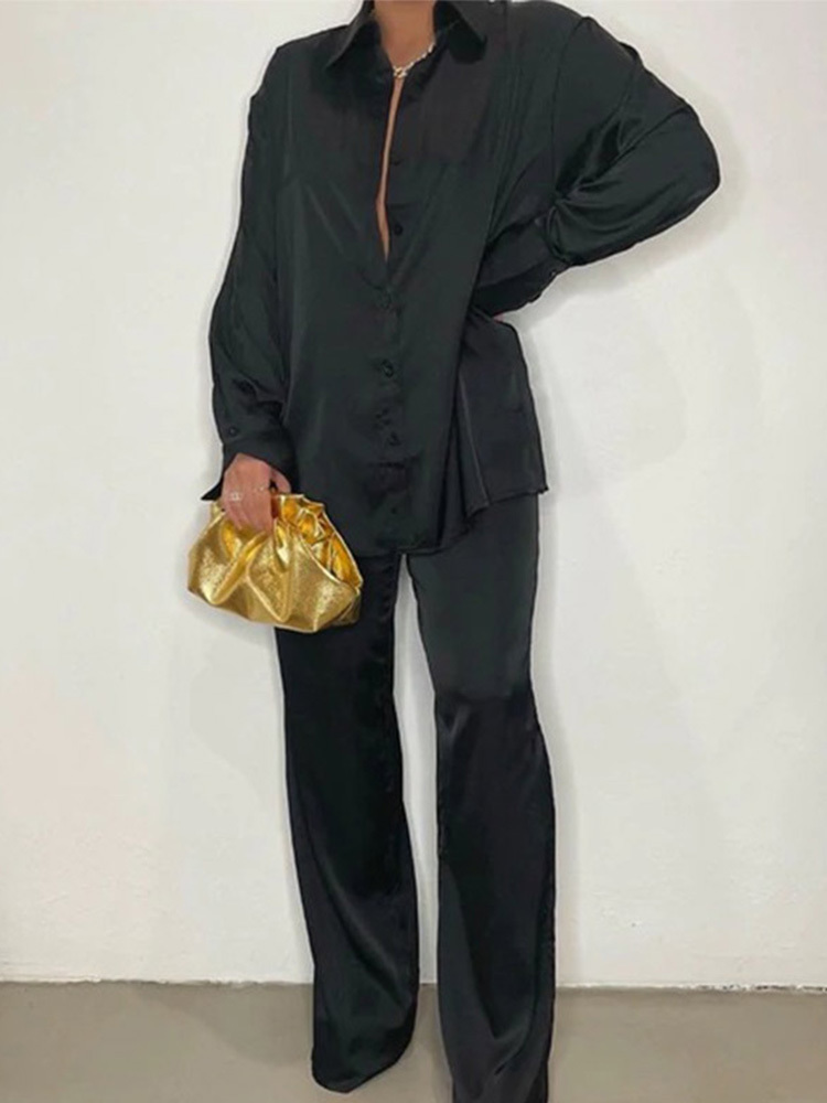 Womens Elegant Satin Trousers Female Long Sleeve Shirt And Wide Leg Straight Pants Sleepwear 2Piece Set Summer Outfits 220810