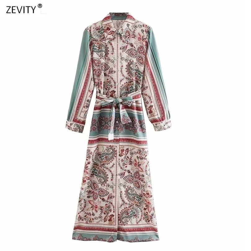 Women Vintage Position Cashew Floral Print Sashes Shirtdress Ladies Long Sleeve Business Vestidos Chic Side Split Dresses DS3379 T200603