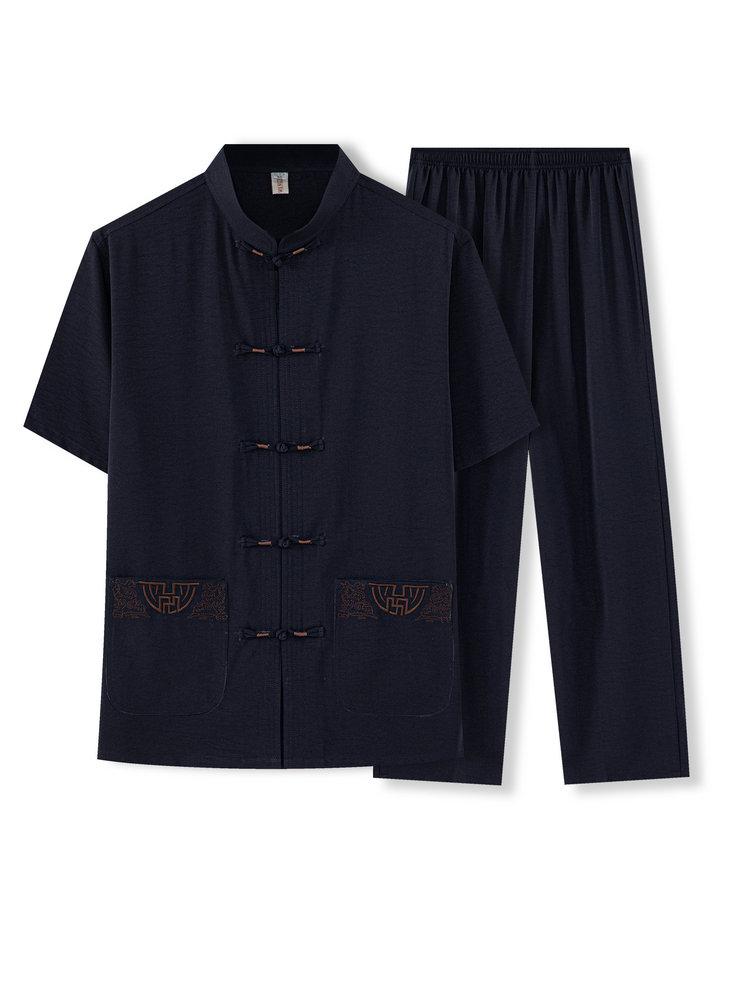 Men's Tracksuits Summer Men Oriental Embroidery Tangzhuang Twinset Short Sleeve Tunic Top And Pant 2PCS Suit Set Navy Blue Beige Gray Outfit
Men's Tracksuits Summer Men Oriental Embroidery Tangzhuang Twinset Short Sleeve Tunic Top And Pant 2PCS Suit Set Navy Blue Beige Gray Outfit