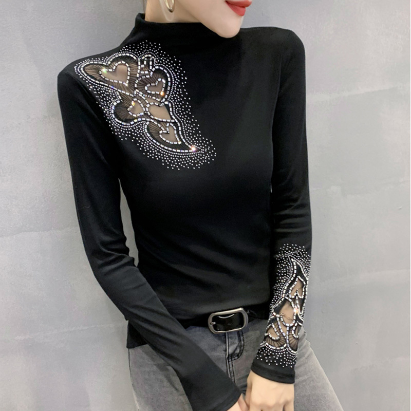 Spring Autumn Long Sleeve T-Shirt Fashion Casual Turtleneck Diamond Woman tshirts Elegant Slim Women's Tops Blusas 220328