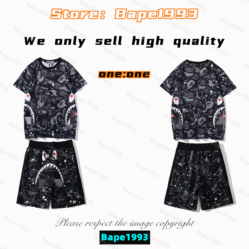 High Quality Apes Mens t-Shirts & Shorts Sets Japan Shark ape head Galaxy spots luminous camo co-branded same style for men and women designer New tshirt set B1993 TZD1-5, 1 button