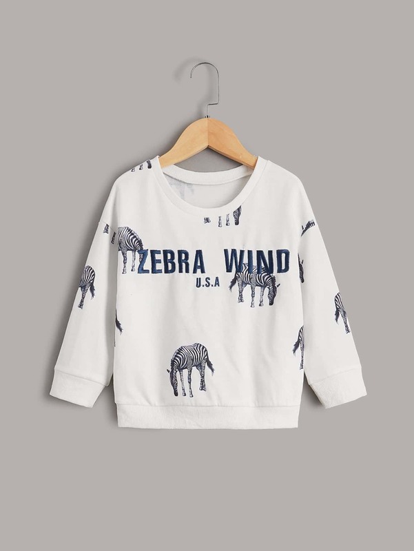 Toddler Boys Zebra Print Letter Embroidery Drop Shoulder Sweatshirt SHE
