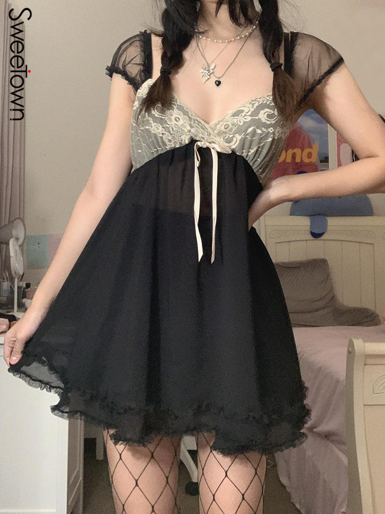 Sweetown Patchwork Lace Cute Y2K Chiffon Dresse Square Collar Elegant Grunge Fairycore Clothes Ruffles Short A Line Dress D220611