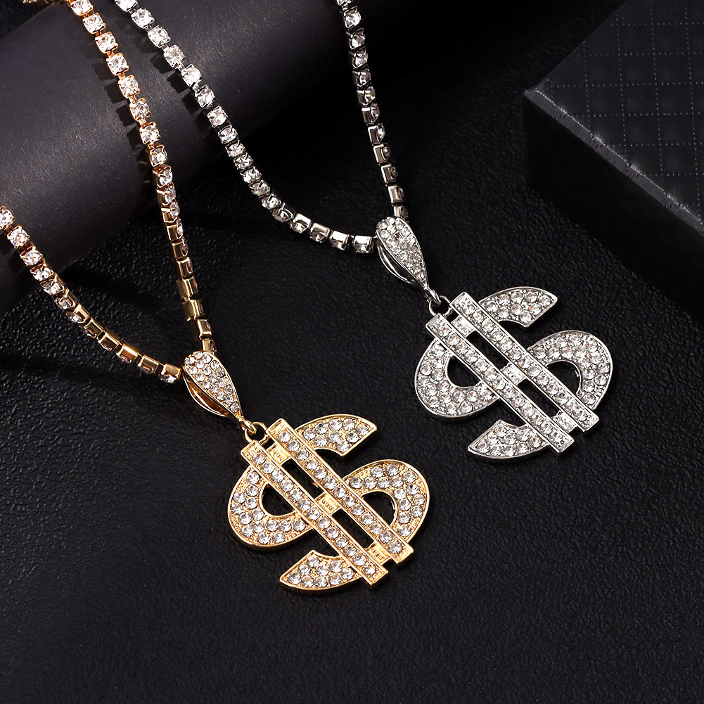 Designer Jewellery High Quality Hip Hop Iced Out Crystal Dollar Sign Pendant Tennis Chain Choker Necklace for Special Occasions Gift Textured Statemen