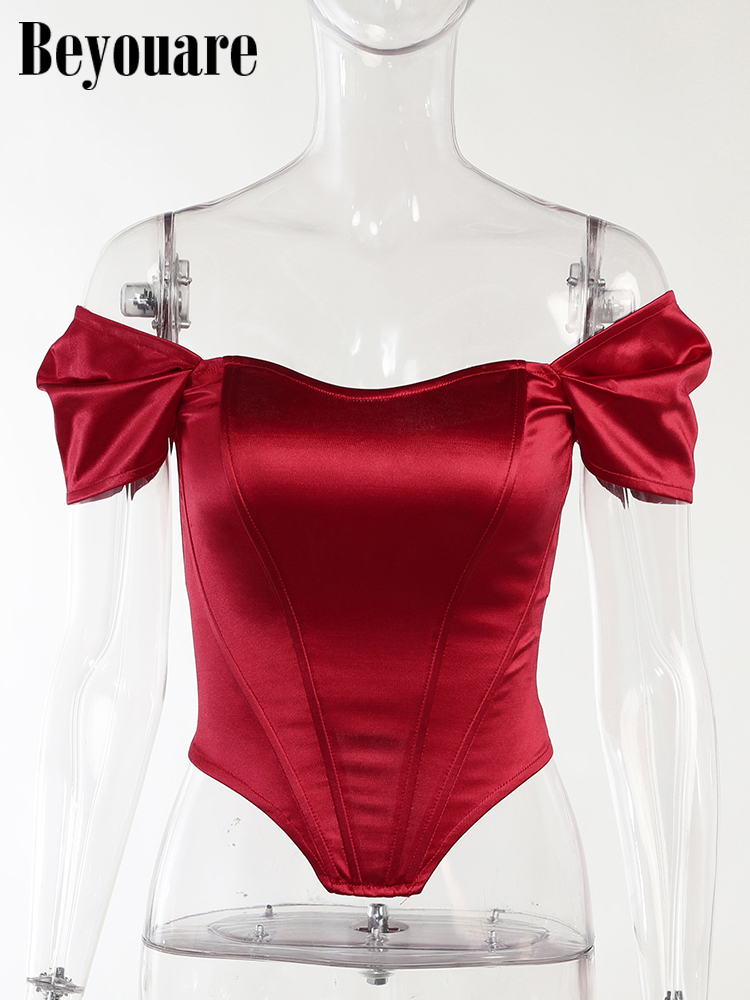 Beyouare Satin Off Shoulder Corset Tube Crop Tops Women Backless Asymmetrical Slim Elegant Fashion Solid Black Tank Summer 220316