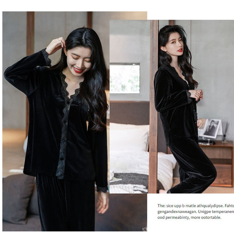 Fashion Velvet 2 Pieces Warm Autumn Winter Pajamas Sets Women Sexy Pajama Sleepwear Suit Nightwear Bedroom Lingerie Set Trousers 220329