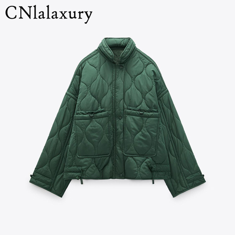 CNlalaxurySpringAutumn Women's Fashion Green Stand Neck Jacket Casual Loose Singlebreasted Pocket Decorate Female Tops 220817