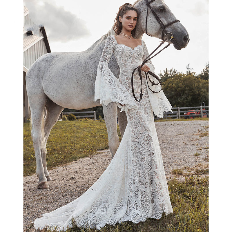 Vestido Boheme Mermaid Boho Wedding Dress Long Flare Sleeve Backless V Neck Lace beach country Bridal Gown Vestido de Noiva