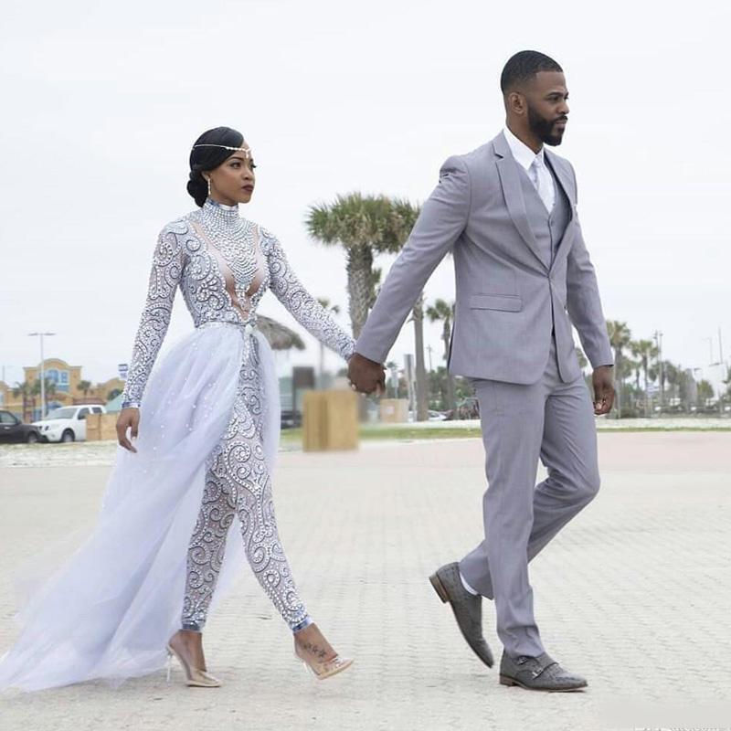 2022 Wedding Dress Gorgeous Jumpsuits With Detachable Train High Neck Beads Crystal Long Sleeves Modest Dresses African Bridal Gowns