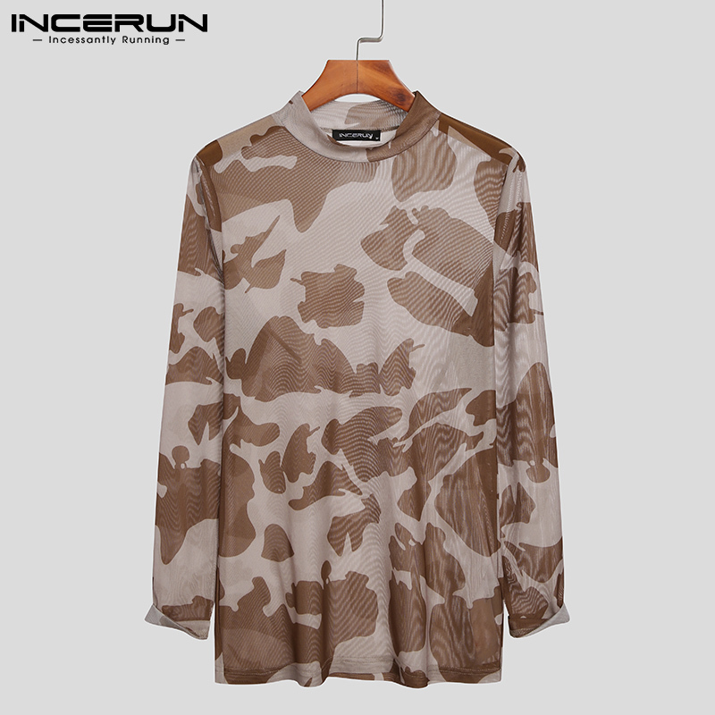 Men T Shirt Turtleneck Mesh Transparent Printed Sexy Long Sleeve Fitness Party Camisetas Streetwear Undershirt INCERUN 7 220616