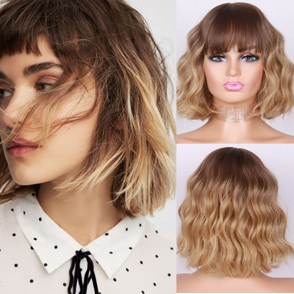 Short Brown Wig Synthetic Wigs with Bangs for Women Blonde Water Wave Natural Bob Wigs Heat Resistant False Hair