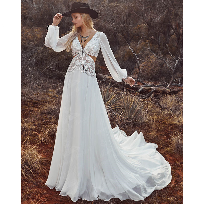 Vestidos Boho Bohemian Wedding Dresses Deep Long Puff Sleeve Lace Appliques Chiffon Open Back beach summer holiday Bridal Gowns