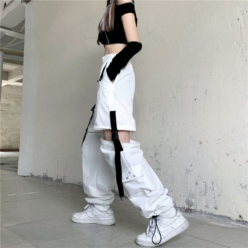 HOUZHOU White Streetwear Cargo Pant Y2k Harajuku Loose Patchwortk High Waist Trousers Casual Removable Techwear Korean 220325