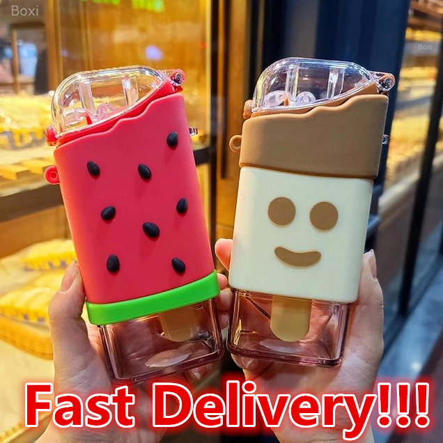 DHL Fast Summer Cute Donut Ice Cream Water Bottle With Straw Creative Square Watermelon Cup Portable Leakproof Tritan A Free