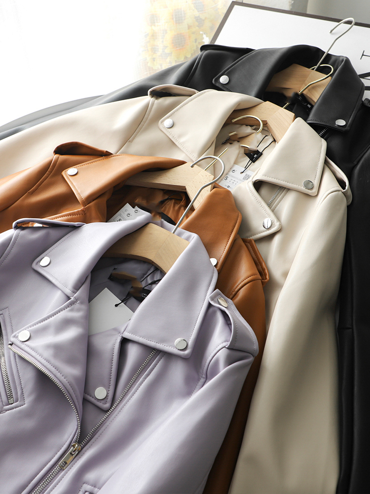 FMFSSOM Spring Autumn Women Zippers V-neck Faux Leather Jacket Minimalist Neutral Style Brown Motorcycle Jacket PU Streetwear 220817