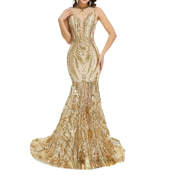 2022 Sparkly Sequins Gold Mermaid African Prom Dresses Black Girls Jewel Neck Illusion Long Graduation Dress Plus Size Formal Green Sequined Evening Gowns