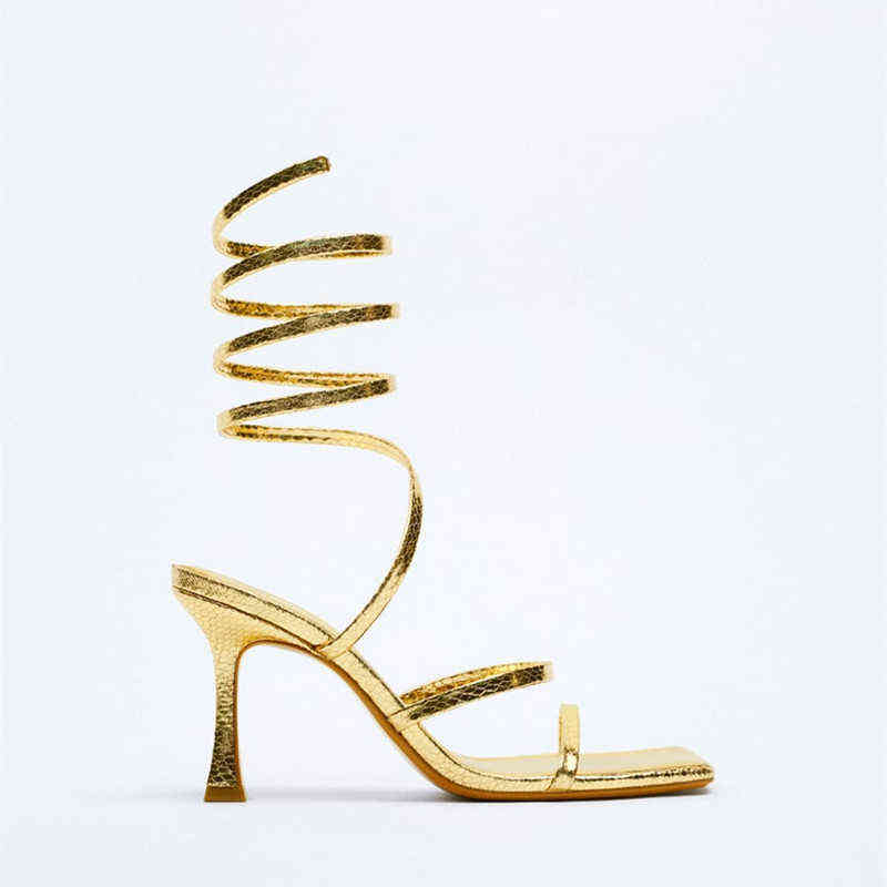 Sandals Women High Heels Shoes 2022 Gold Spiral Belt Fashion Heel Black Casual Square Head Stiletto Pumps 220412