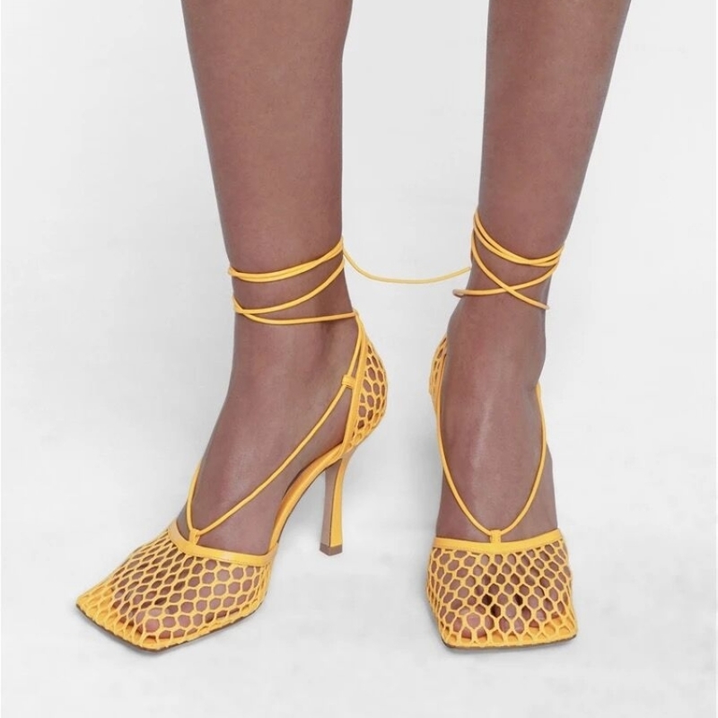 Sexy Green Mesh Women Pumps Sandals Female Square Toe high heels Lace Up Cross-tied Stiletto hollow Party Shoes Woman 220328