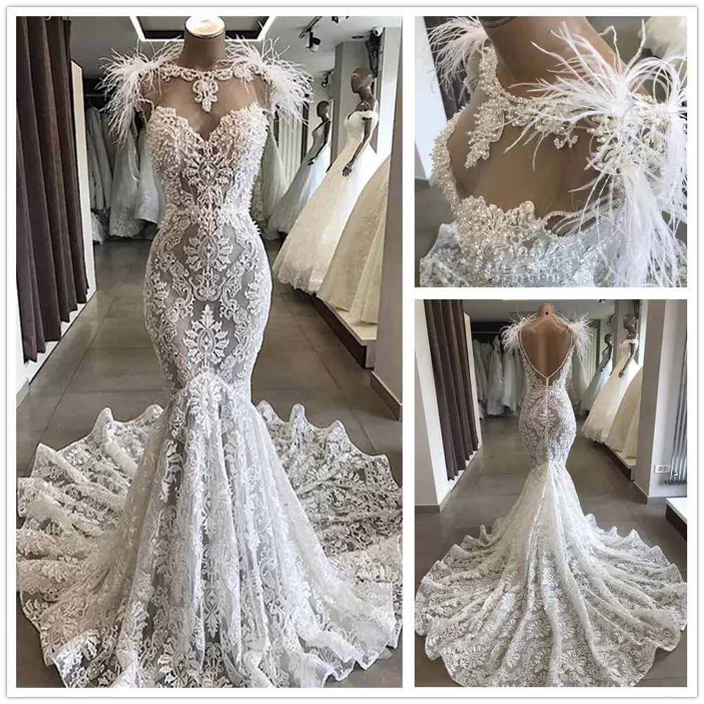 Gorgeous Mermaid Lace Wedding Dresses Bridal Gown With Feather Pearls Beaded Sweep Train Custom Made Plus Size Sexy Backless Vestidos De Novia