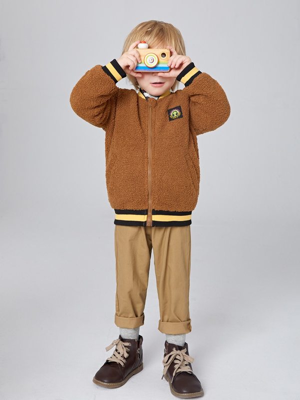 Toddler Boys Patch Detail Zip Up Striped Trim Teddy Bomber Jacket SHE