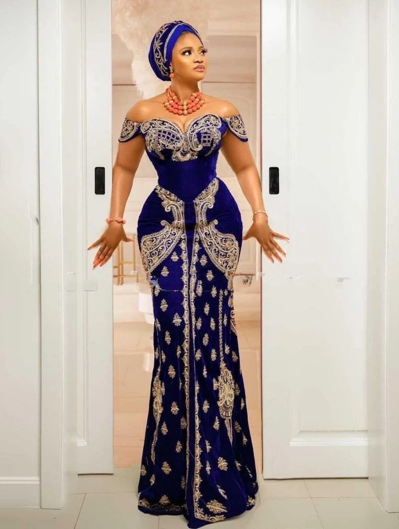 Veet Fromal Blue Royal African Evening Dresses Long Off the Shoulder Lace Applique Aso Ebi Mermiad Prom Gowns for Women Party Wear