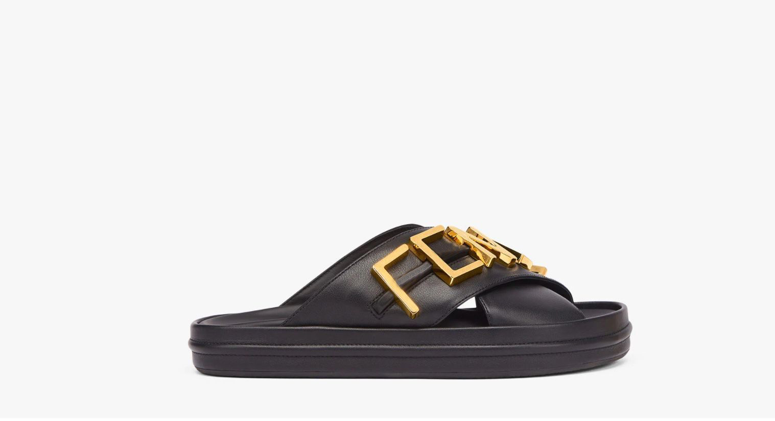 AAAAA+ wide cross laces sandal slippers in black leather with gold metal Fen lettering, made in Italy
AAAAA+ wide cross laces sandal slippers in black leather with gold metal Fen lettering, made in Italy