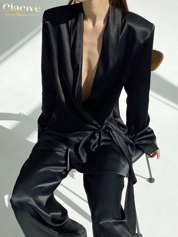 Clacive Balck Casual Satin Women Sets Autumn Long Sleeve Blazers With Wide Leg Pants Elegant Lace-Up 2 Piece Trousers 220315