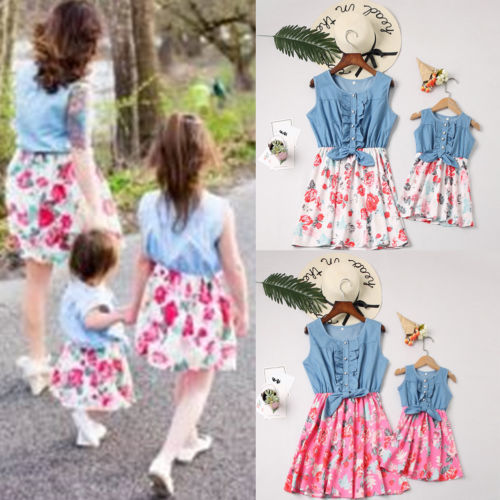 Mother Daughter Matching Clothes Sleeveless Floral Patchwork Sundress Mom Kids Parent Dress Outfits 220602