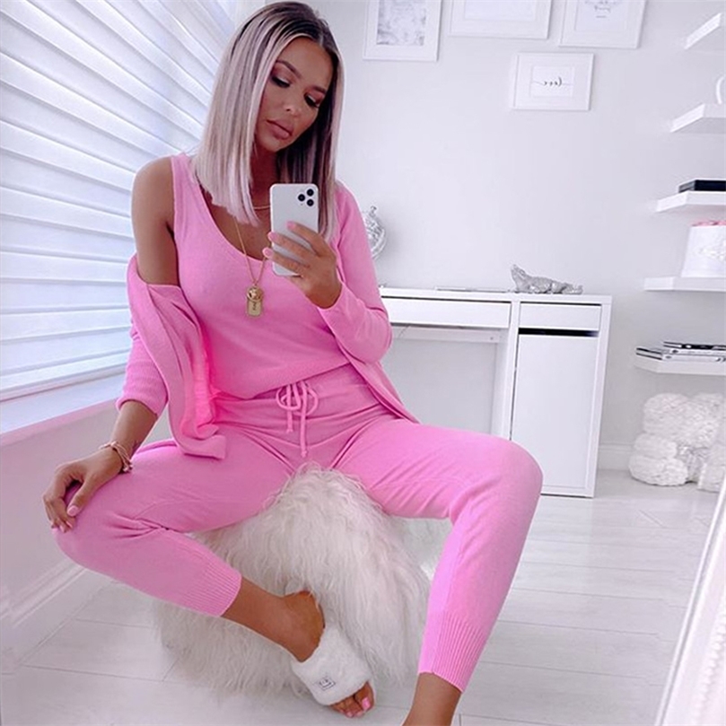 Knitting 3 piece set women set outfits suit fashion Knitted Lounge Sets vest top jogger cardigan Home wear Womens Clothes 210302