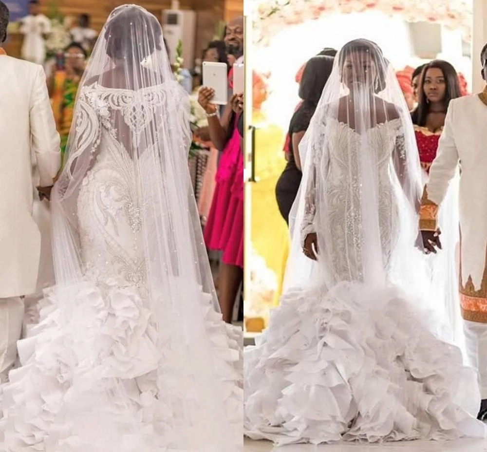 Long Sleeve Mermaid Wedding Dresses 2022 African Ruffles Tiered Skirt Lace Applique Plus Size Princess Bridal Gowns vestido de noiva