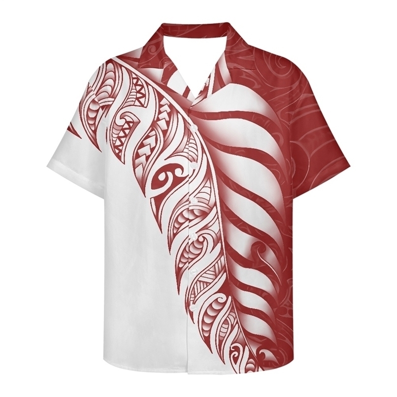 Casual Business Polynesian Shirts Men Turn Down Collar Short Sleeve Tribal Tattoos Button Slim Fashion Men'S Tops 220322