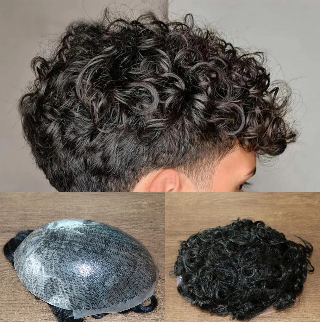 20MM Curly #1 Black Men's Wigs 100% Human Hair Unit Replacement System Durable Full Skin PU Toupee Male Capillary Prosthesis